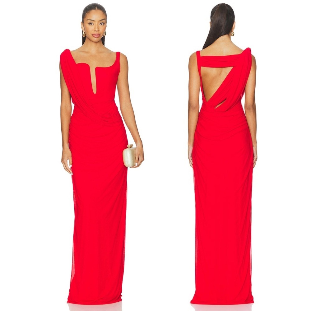 Deme by Gabriella Gown Red One Shoulder Ruched Mesh Maxi‎ Dress XS NWT